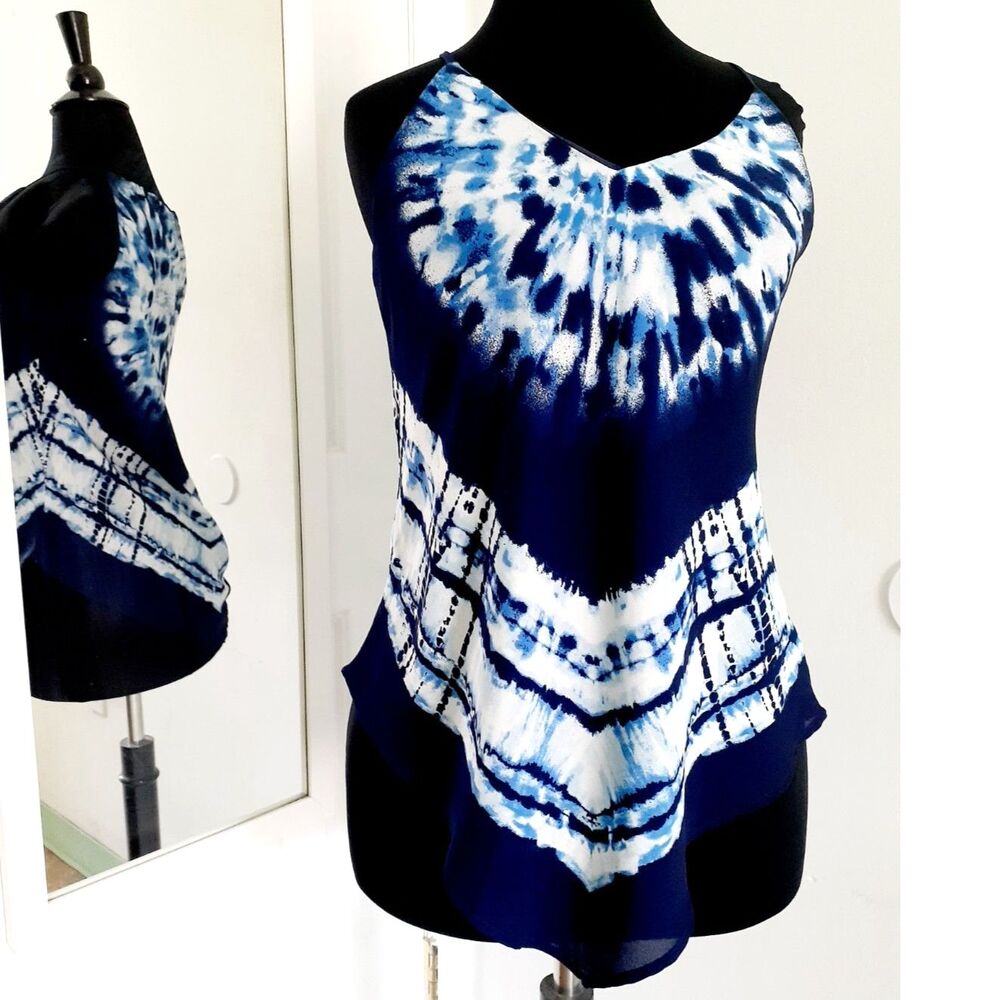 A. Byer Navy Blue White Flowy Tie Dye Asymetrical Hem Lined Tank Top NWT S